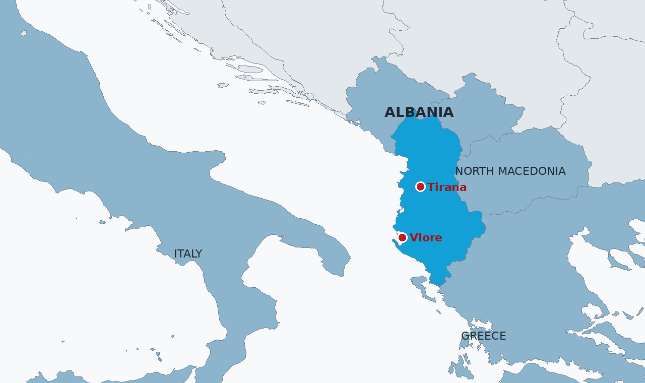 Albania in blue, with Tirana, where the daily protests centre, and Vlore, near the Sazan Island resort coast that first sparked the movement, marked. Protests have also been reported in Durres, Shkoder, Lezhe, Elbasan, Gjirokaster and Korce.