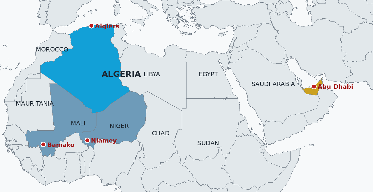Algeria in blue and the United Arab Emirates in gold, with Algiers and Abu Dhabi marked. Mali and Niger, in steel blue, are the two Sahel states Algiers moved to pull back into its orbit in the same fortnight: fighter jets to Niamey on August 30 and the premier to Bamako on September 14.
