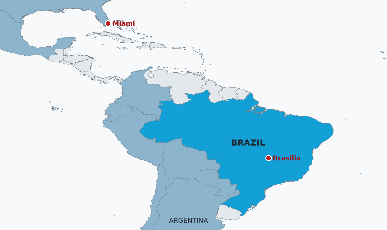 Brazil in blue, with Brasilia marked, and Miami at the top of the frame, where Bolsonaro landed on Wednesday and issued his declaration. His route out ran south into Argentina and then north by private jet.