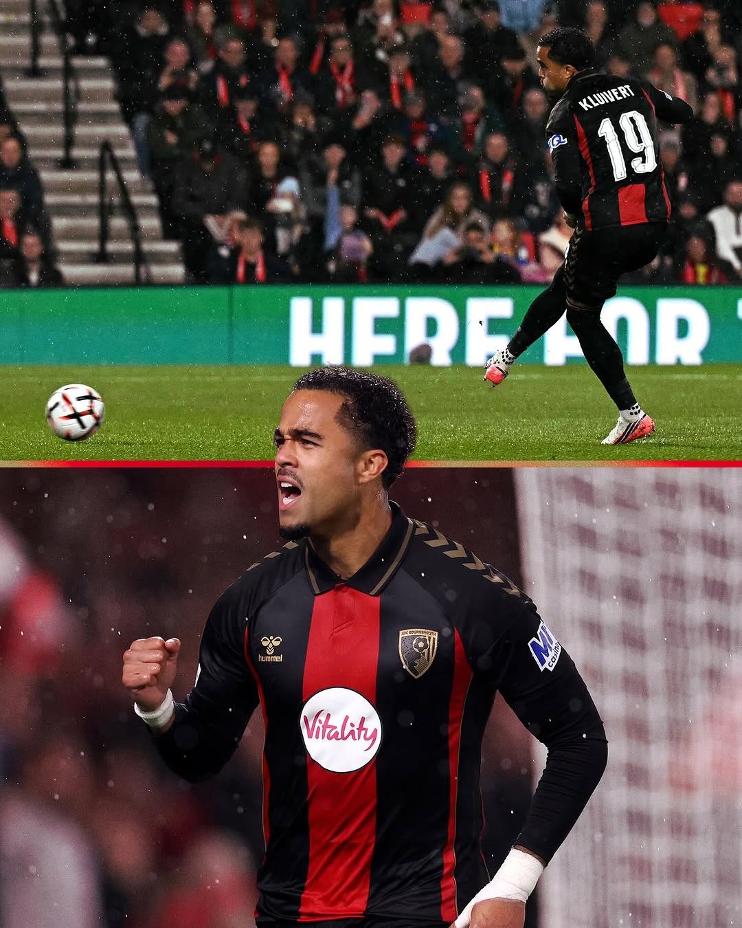 Justin Kluivert takes and celebrates the opening penalty against AC Milan at the Vitality Stadium.
