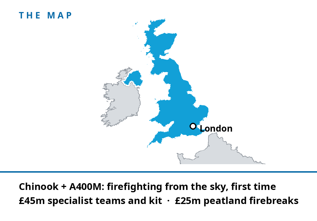 The United Kingdom, highlighted, with London marked. The RAF aircraft will support fire crews across the country, including remote areas road vehicles cannot reach.
