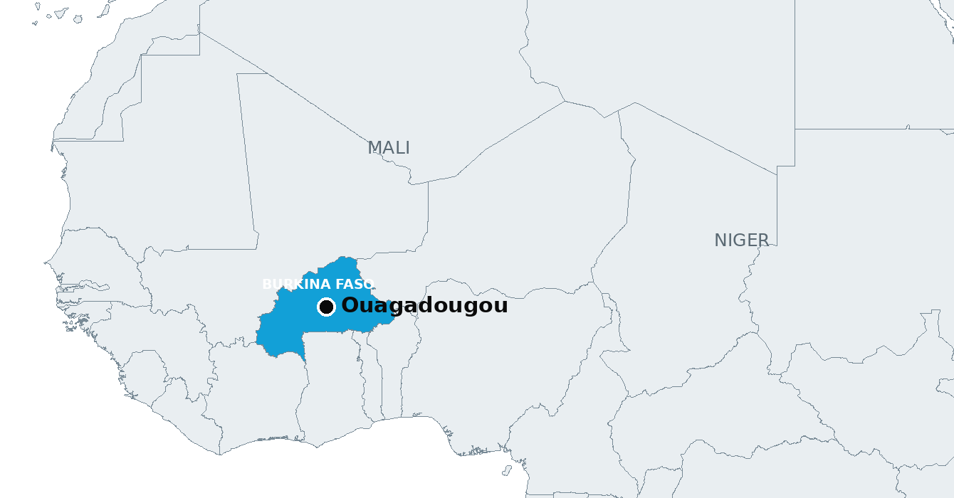 Burkina Faso, highlighted, with Ouagadougou marked, between Mali and Niger in the Sahel.