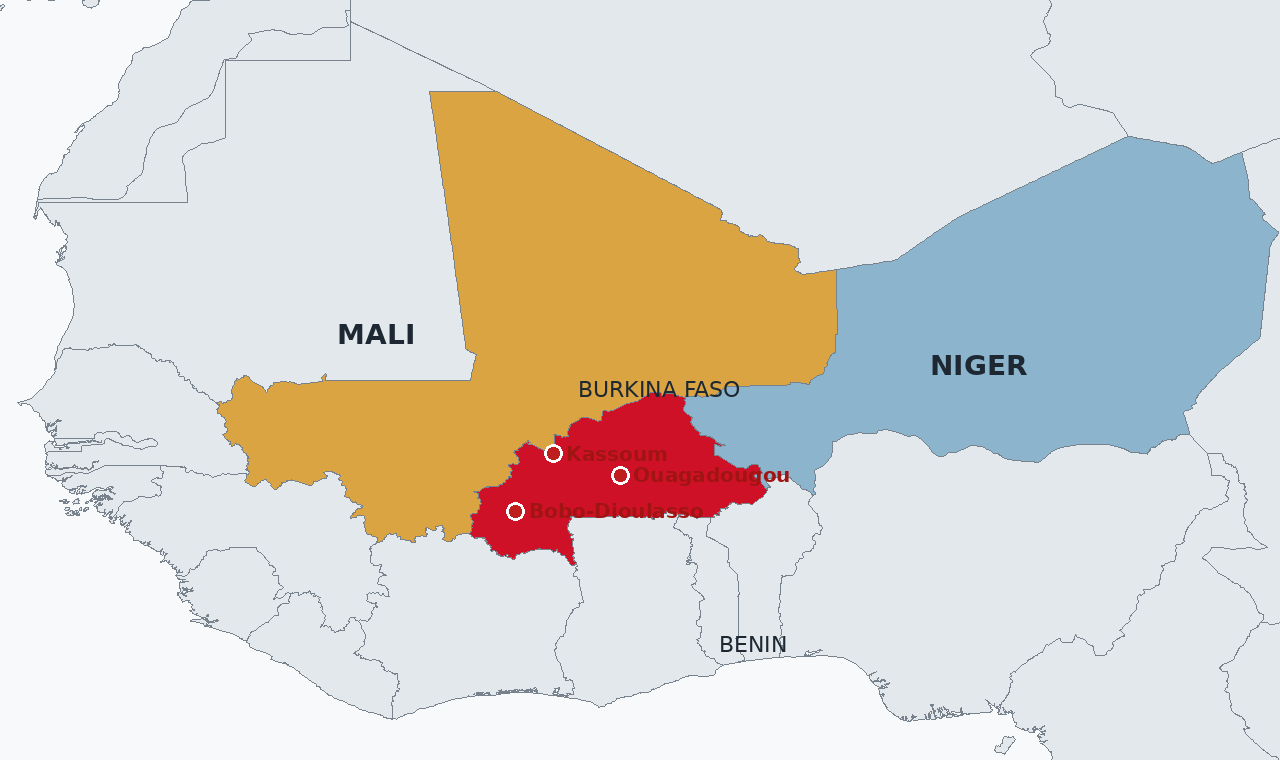 Burkina Faso in red, between Mali and Niger in the Sahel, with Ouagadougou, Bobo-Dioulasso and Kassoum marked. JNIM pressure came through September from the west, the north and the Mali tri-border, while Islamic State Sahel holds ground in the far northeast.