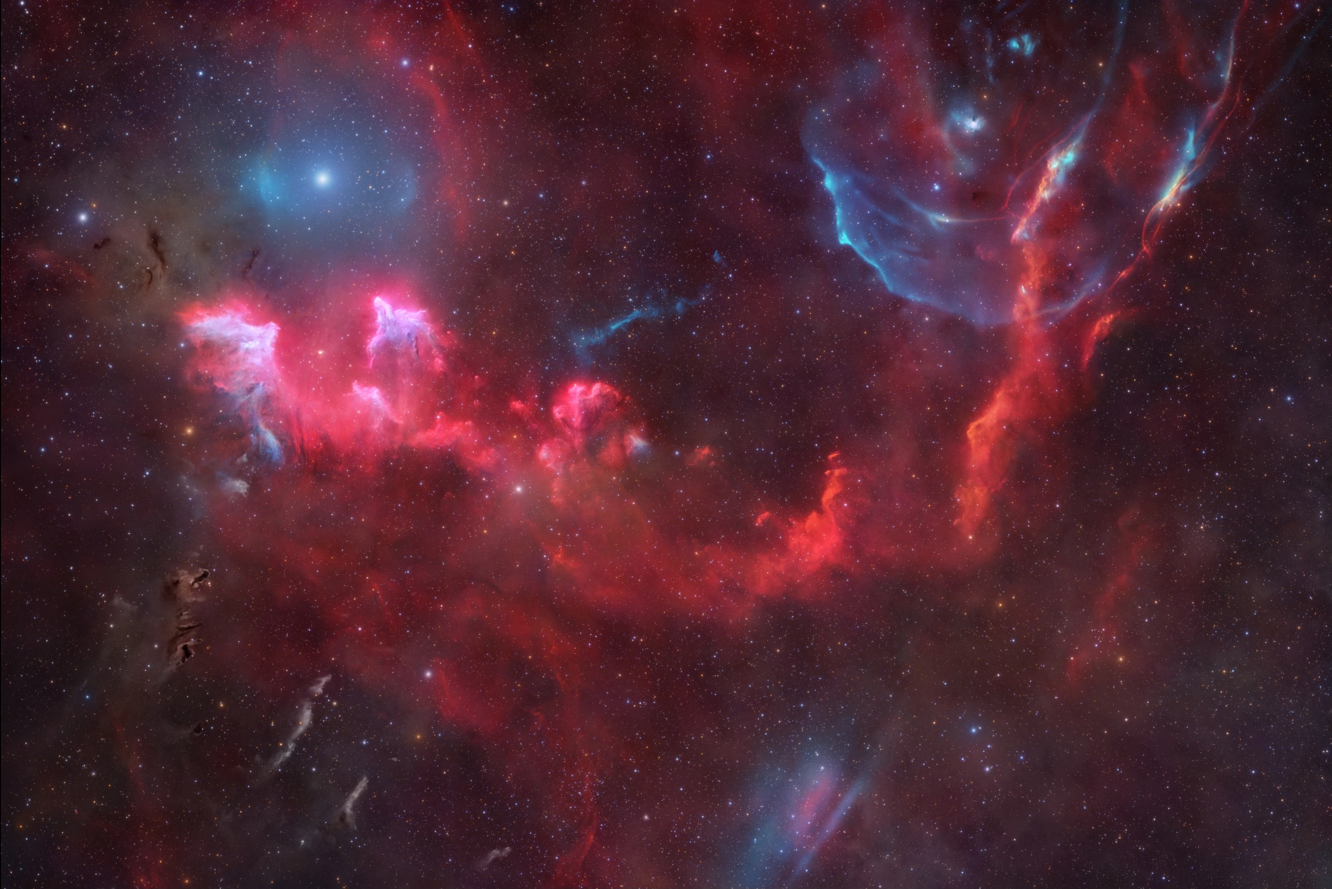 The Ghosts of Cassiopeia, IC 59 and IC 63, glowing red beside the three newly revealed blue nebulae picked out by their ionised oxygen.