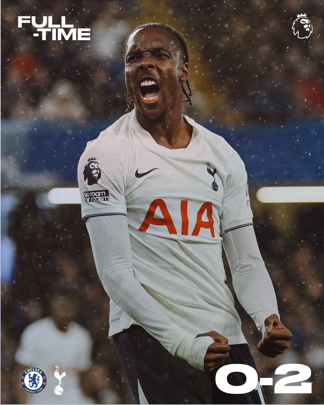 Mathys Tel celebrates sealing the 2-0 win at Stamford Bridge. Tel ran the length of the pitch to score Tottenham's second on 87 minutes.