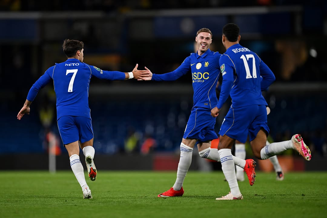 Cole Palmer celebrates with Pedro Neto and Morgan Rogers. Palmer has five goal involvements in five league games against Tottenham, and Rogers has six in six.