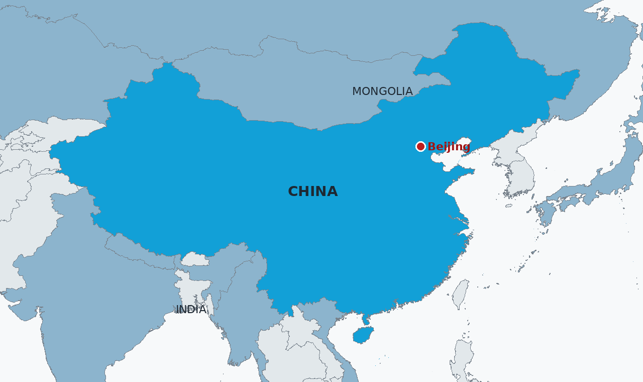 China in blue, with Beijing marked, where the Fifth Plenum confirmed the expulsions and set the 21st Party Congress for the second half of 2027.