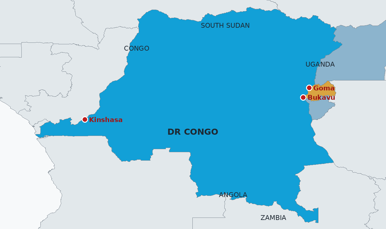 The Democratic Republic of Congo in blue, with Rwanda in amber to the east and Burundi and Uganda in steel blue. Goma and Bukavu, both held by the rebellion, sit on Rwanda's border; Kinshasa, the capital, is a thousand miles west.