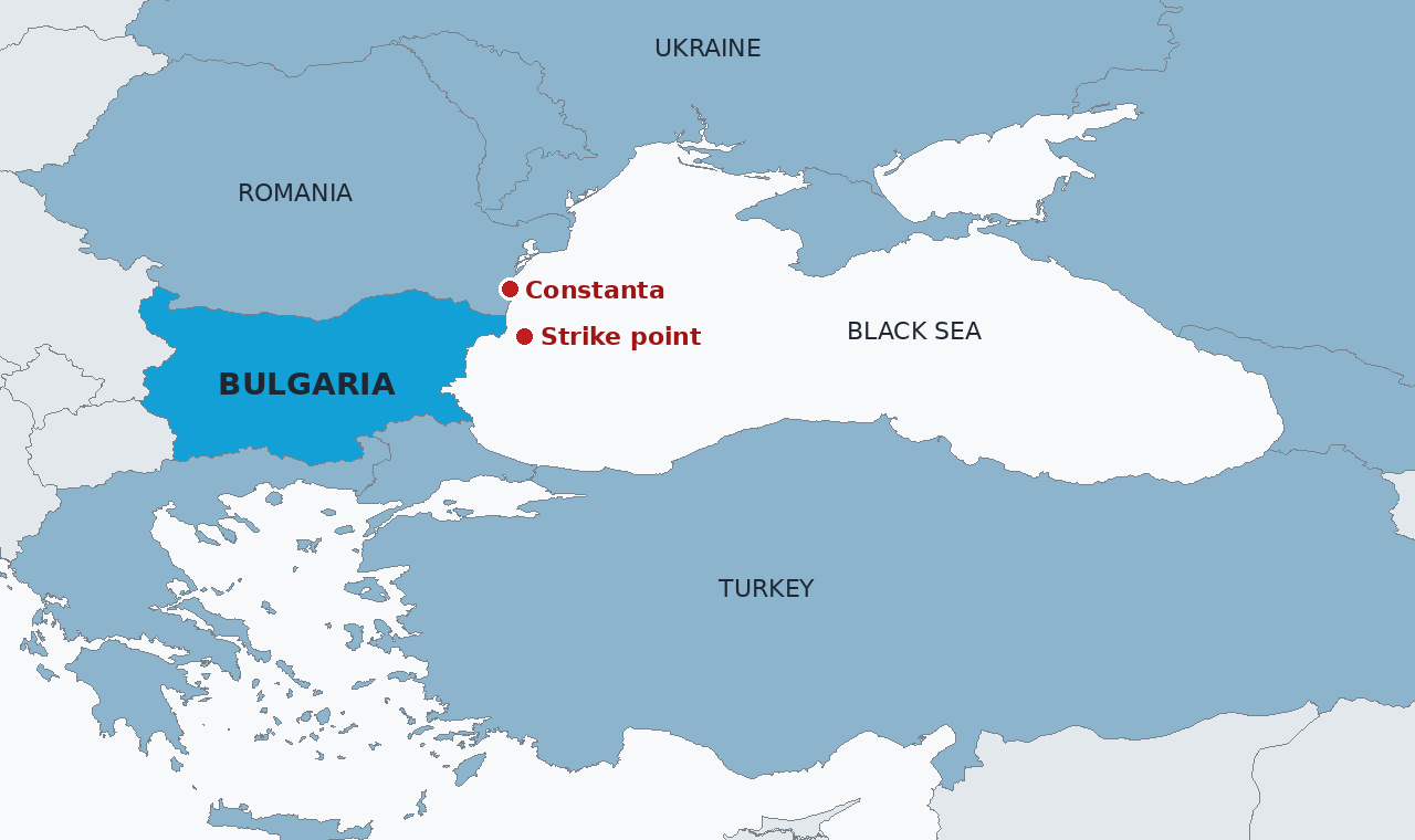 Bulgaria in blue on the western Black Sea. The Contship Jet was struck in Bulgaria's exclusive economic zone, southeast of Shabla, on the run from Haifa to Constanta in Romania, marked at the top of the Bulgarian coast.