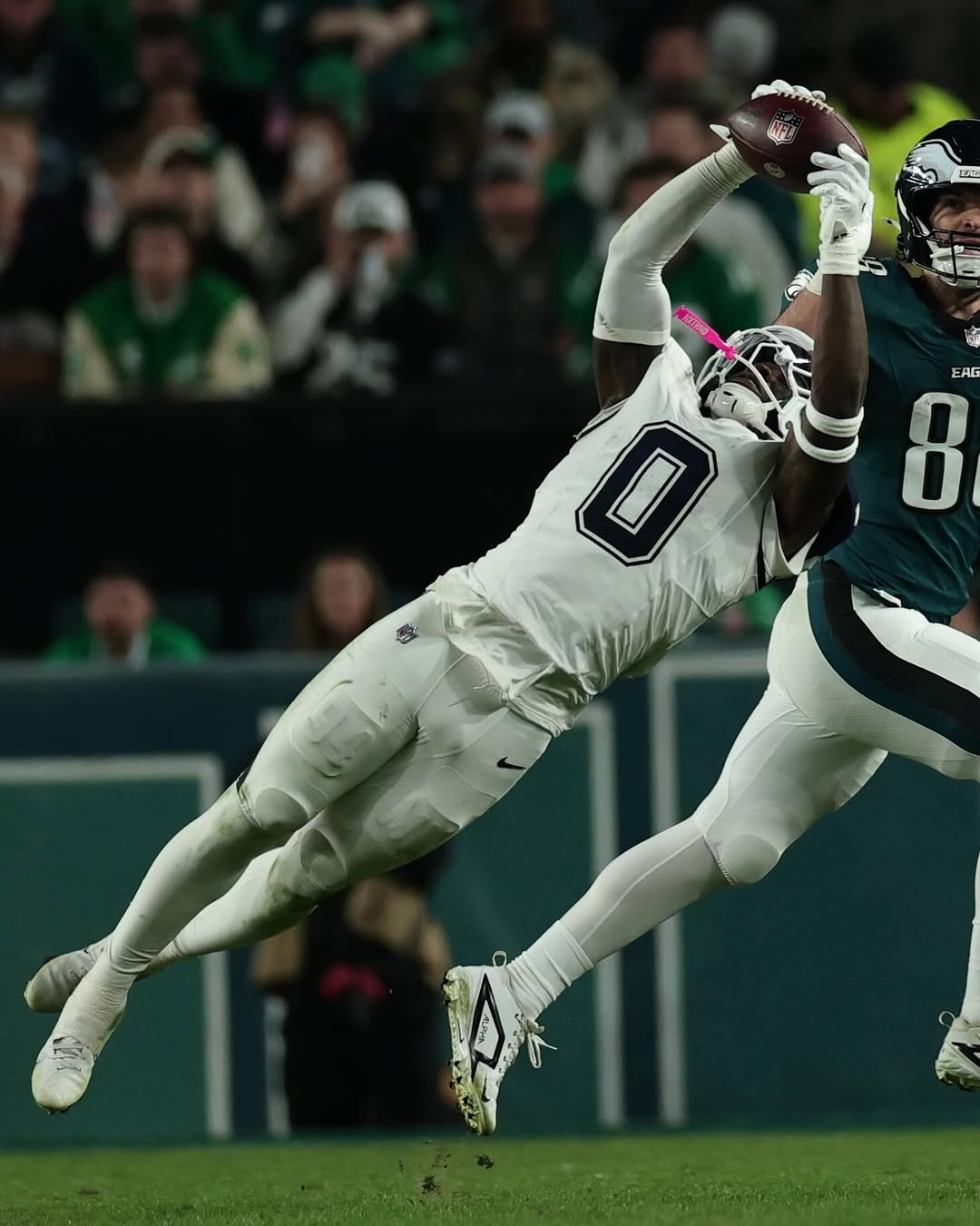 DeMarvion Overshown, in the white 0 jersey, takes the ball away in the fourth quarter on Monday night, in his first game back from injury. The interception killed Philadelphia's last real drive.