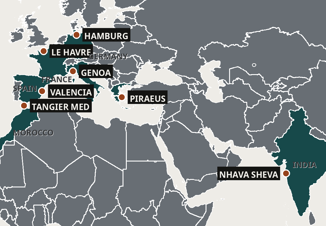 The ports named in the strike reporting, arriving in the order the action spread: Piraeus, Genoa, Valencia, Le Havre, Hamburg, Tangier Med and Nhava Sheva among 113 ports in 22 countries.
