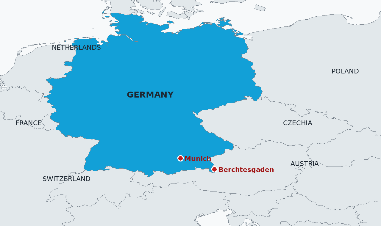 Germany in blue, with Munich and Berchtesgaden marked in the Bavarian Alps in the south east, close to the Austrian border. The Kehlsteinhaus stands on a ridge above Berchtesgaden.