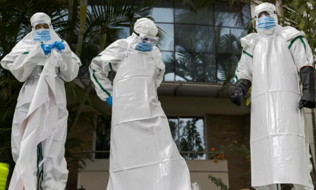 Health workers in full protective equipment during a Kenya Red Cross Ebola simulation exercise in Nairobi on October 22, 2026. In Congo this week, responders doing the real work were attacked. File photo.