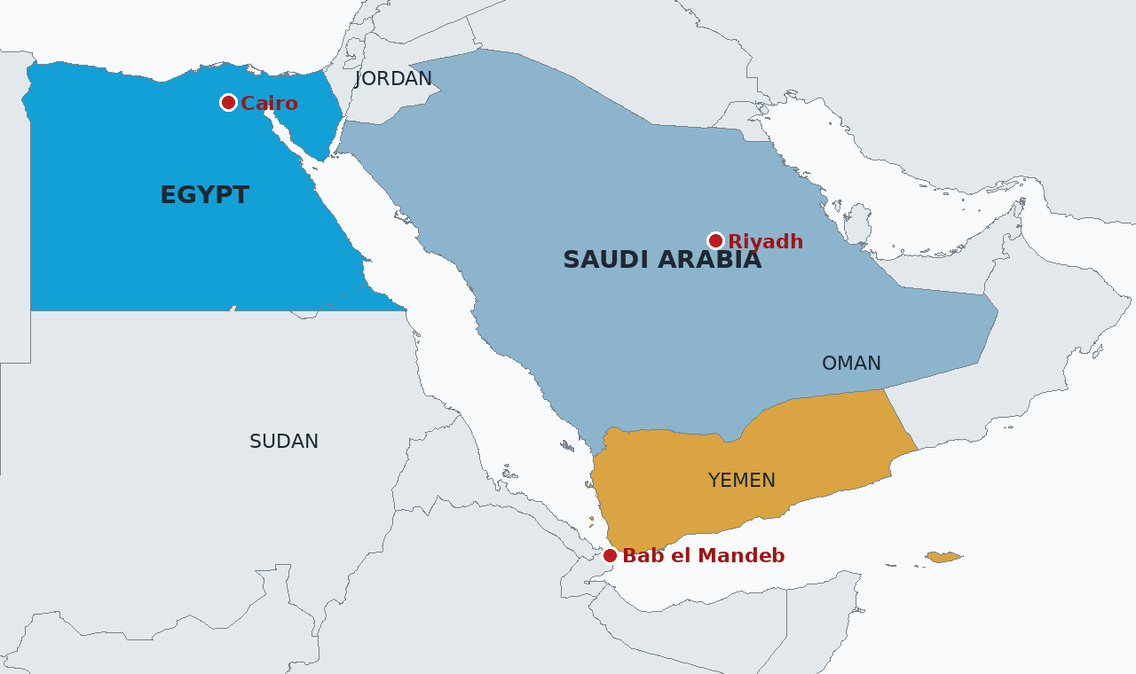 Egypt in blue and Saudi Arabia across the Red Sea, with Yemen in amber. The Bab el Mandeb, the strait at Yemen's southwestern corner, is the gateway from the Red Sea to the Suez Canal.