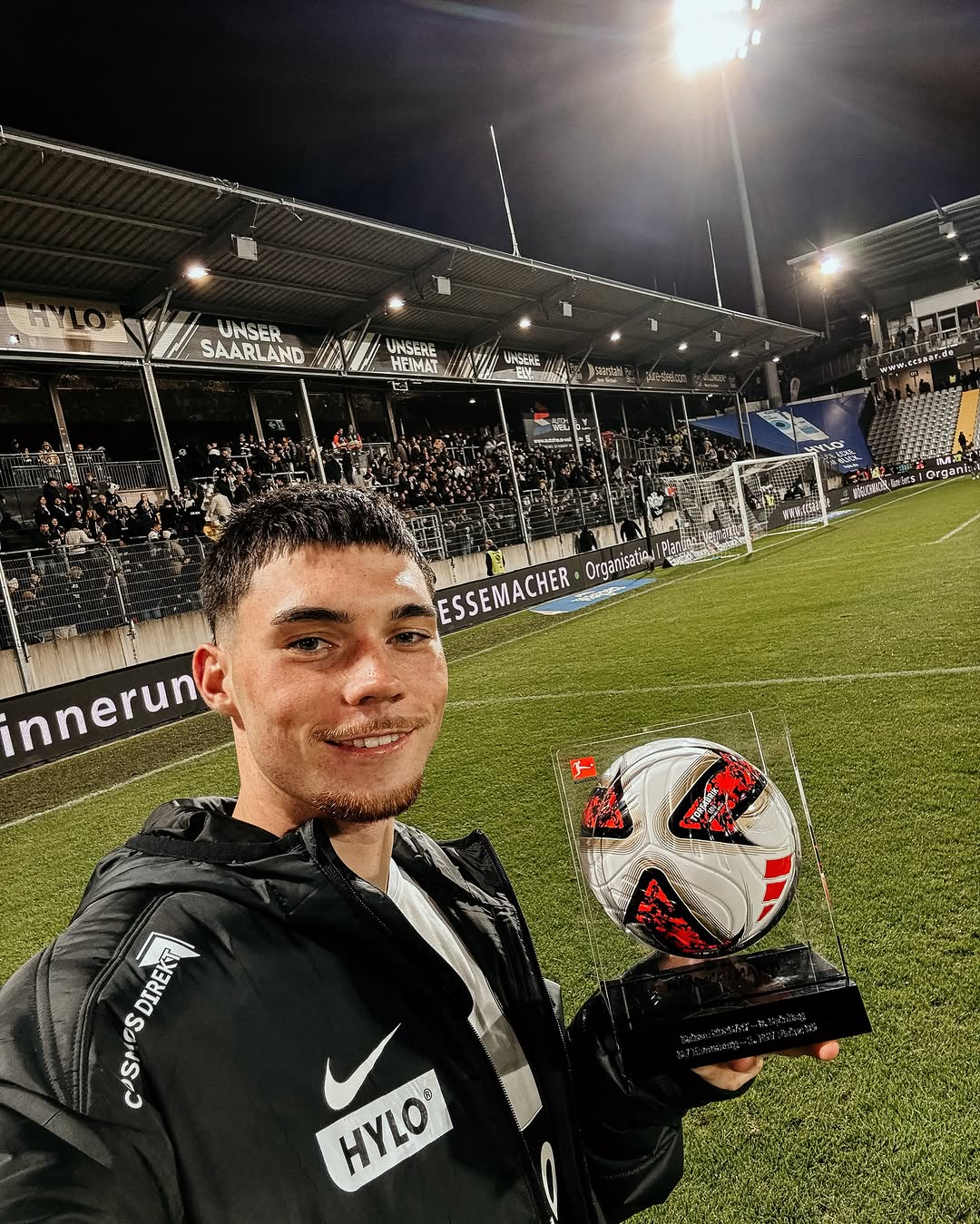 Felix Keidel holds the man of the match ball at the Ursapharm-Arena an der Kaiserlinde after Friday night's 4-1 win over Mainz. Keidel opened the scoring with a free kick the league's own numbers gave a five percent chance, and took 42 percent of the supporters' vote for the award.