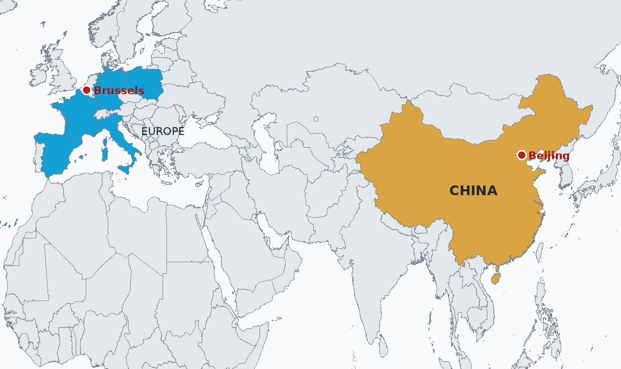 Leading EU member states in blue in the west and China in amber, with Brussels and Beijing marked. The measures under discussion would cap or tax Chinese goods in specific sectors rather than wall off the whole flow.