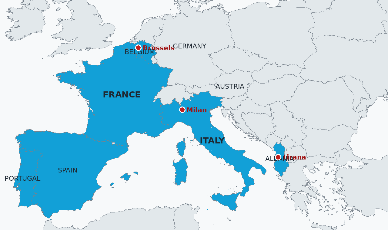 The countries that marched on Saturday in blue, with Milan, Tirana and Brussels marked: Italy, Albania and Belgium saw the heaviest security deployments, with protests also in France, Spain and Portugal.