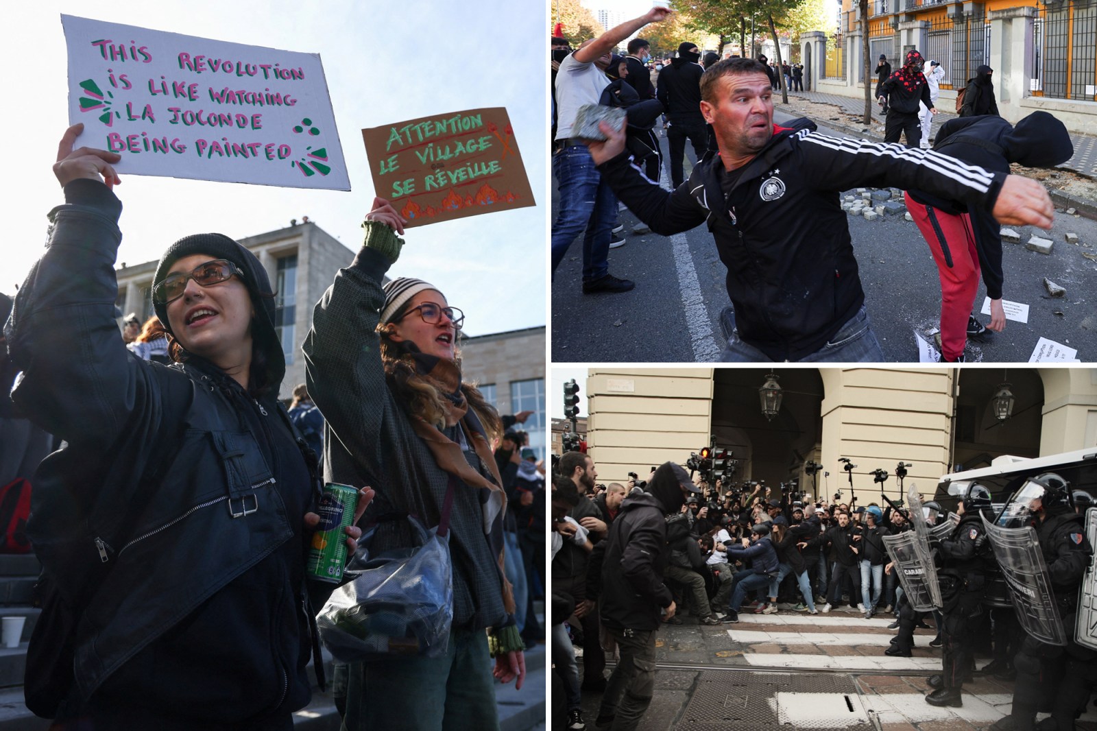 Protest scenes from the October wave in Europe: student placards in France, a demonstrator throwing a stone, and crowds pushing against riot police in Italy.