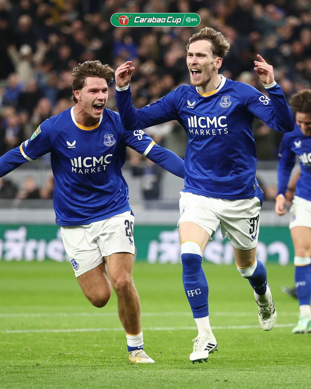 James Garner, right, celebrates his opening goal with a team mate at Hill Dickinson Stadium on Thursday night. Garner curled in the first in the 34th minute, his first goal since January.