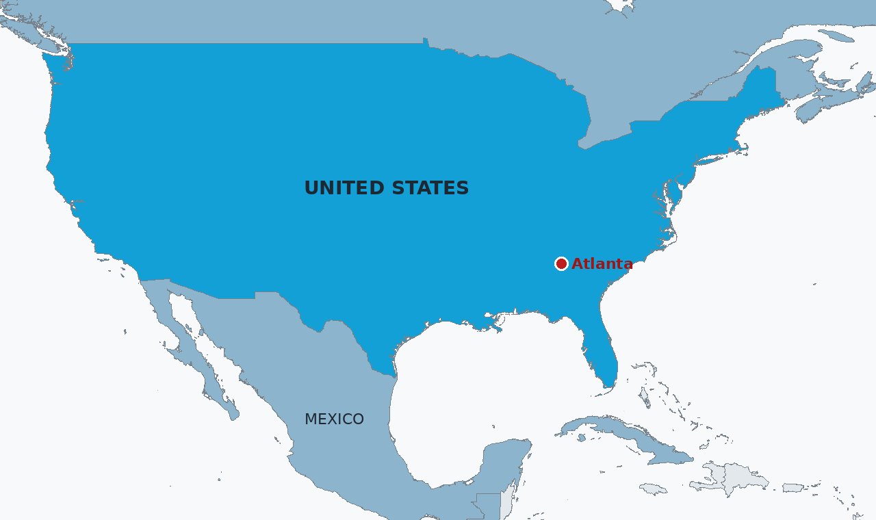 The United States in blue, with Atlanta marked in Georgia. The ministers meeting there hold the rotating G20 presidency's home ground this year, and the leaders summit that follows them meets in Miami in December.
