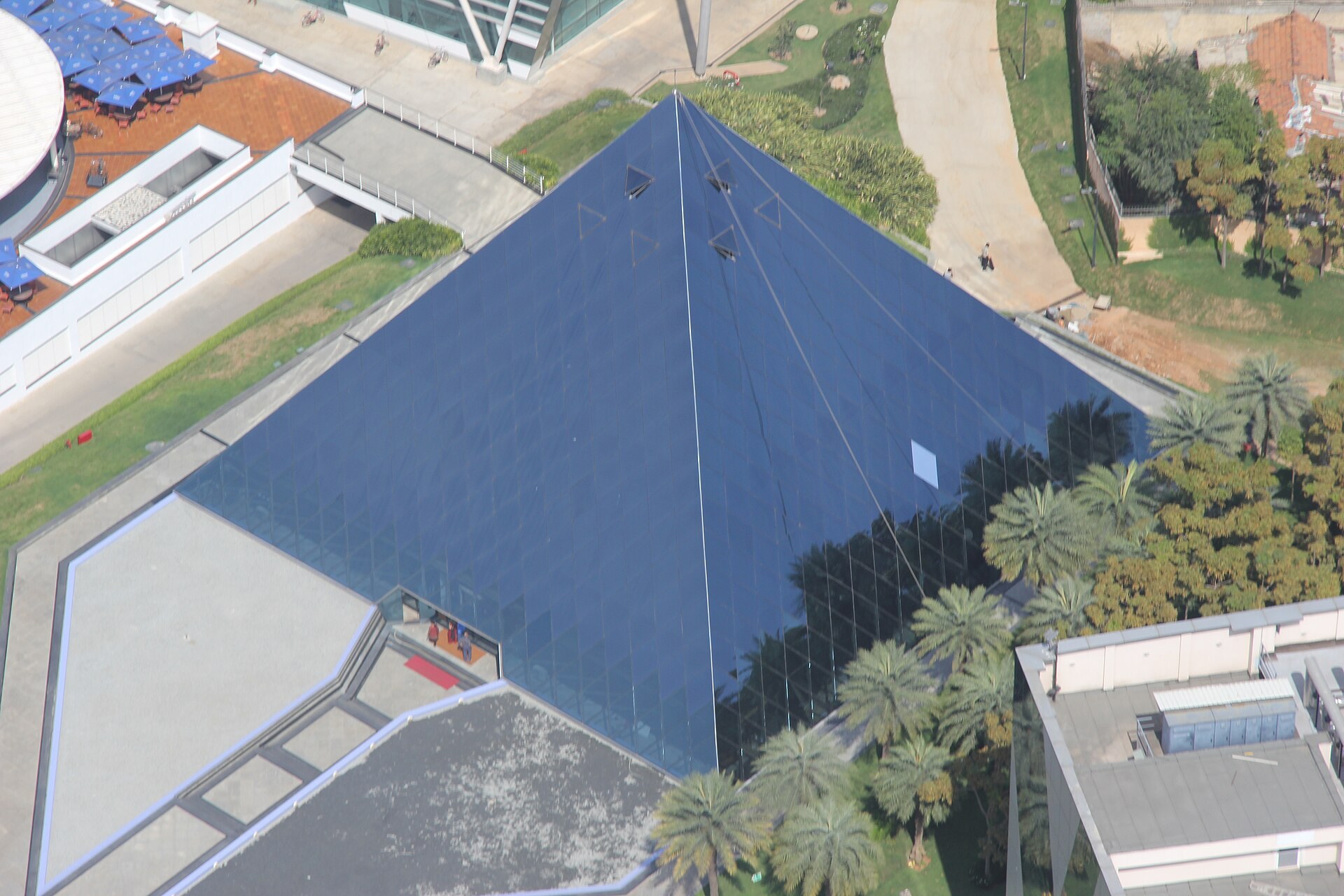 Aerial view of the glass pyramid at the Infosys campus, Bengaluru.