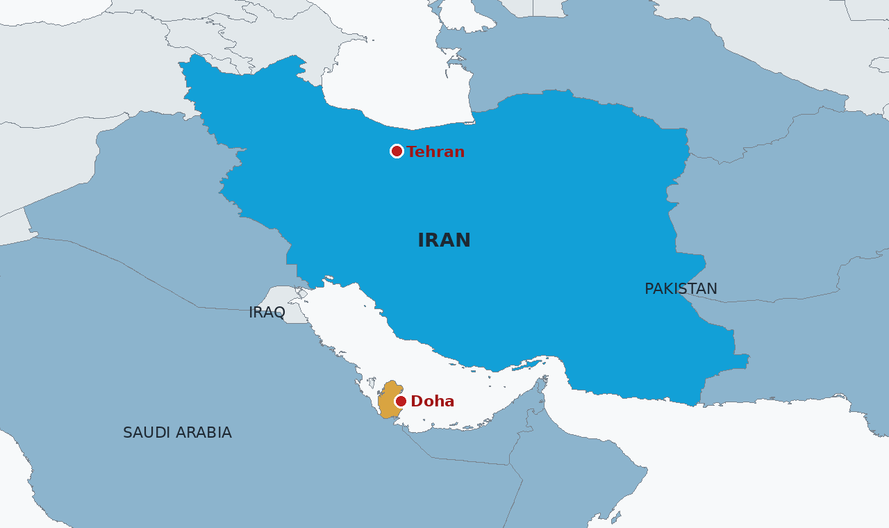 Iran in blue and Qatar in amber, the mediator whose draft Tehran publicly rejected this week. The two capitals, Tehran and Doha, are marked.