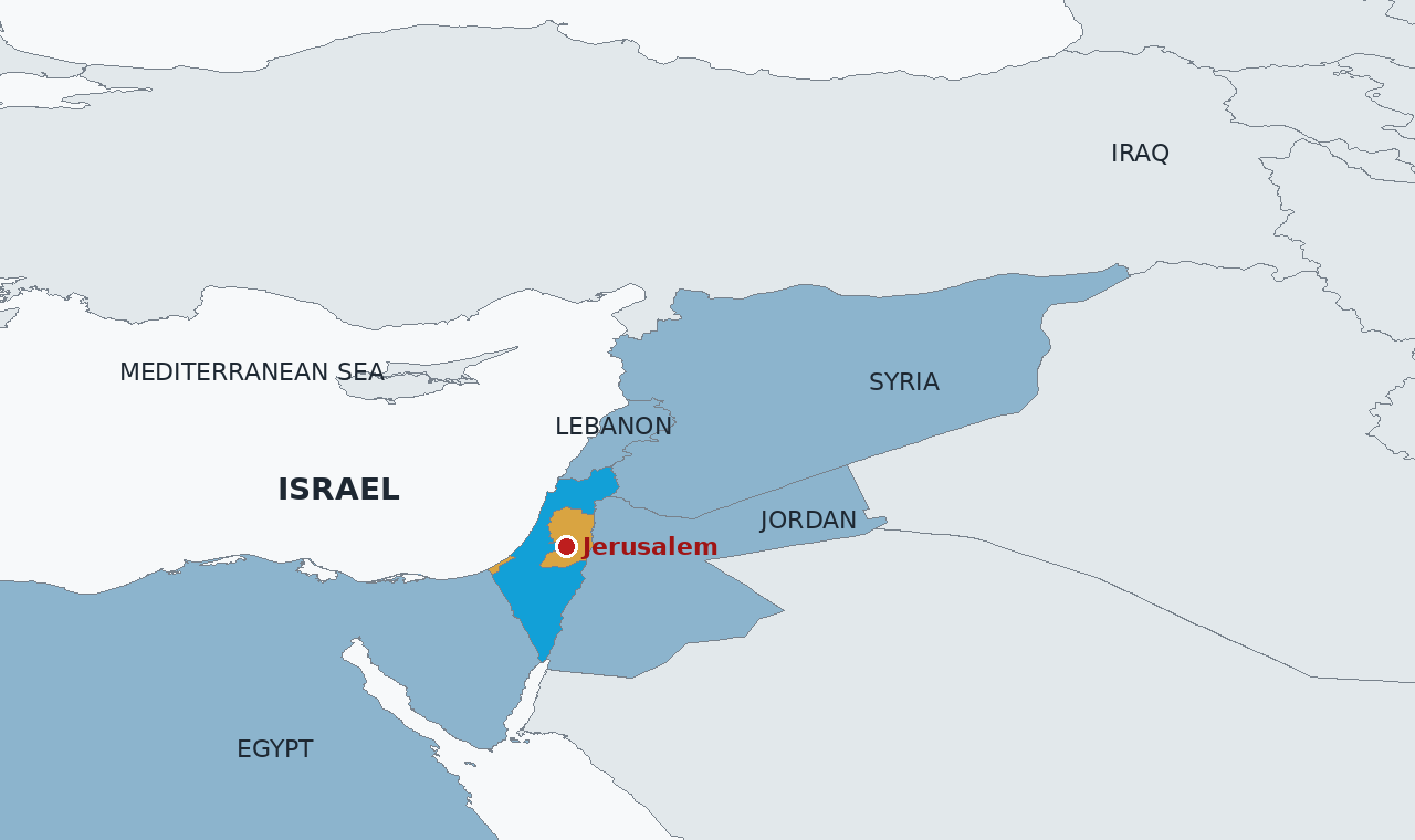 Israel in blue and the Palestinian territories in amber, with Jerusalem, where the Knesset sits, pinned. Both leading candidates promise to keep up the pressure on Hamas and Iran, so the region gets no quieter neighbour whoever wins.