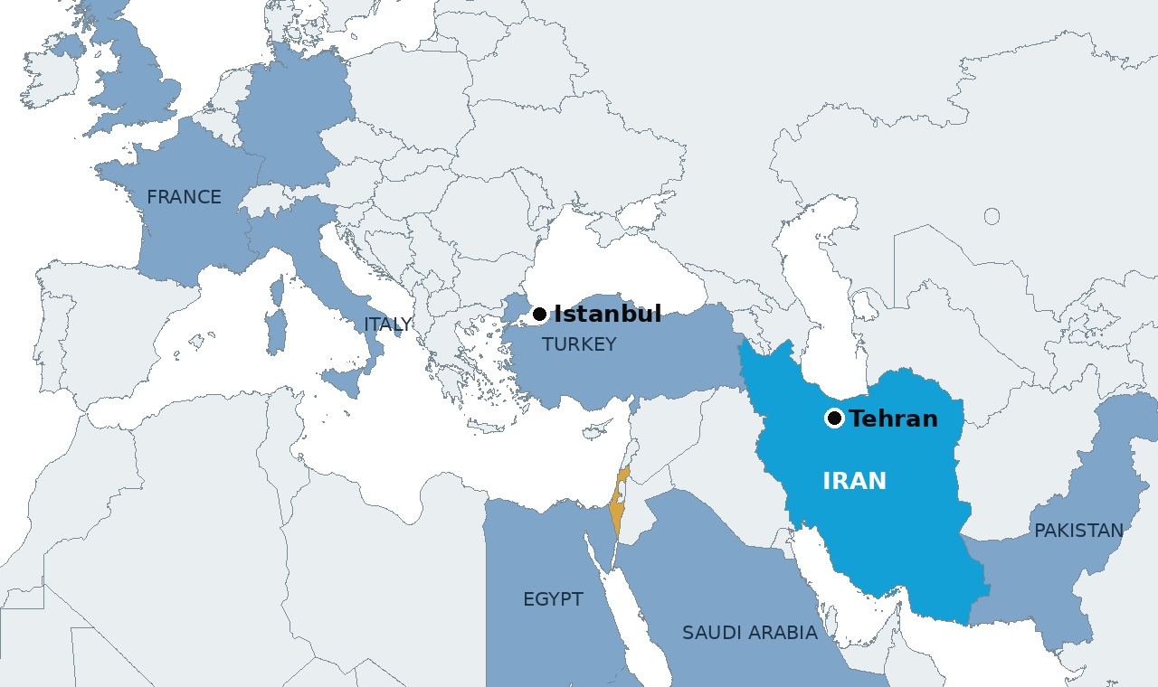 Iran in blue, the eight countries that met in Istanbul in steel blue, and Israel in amber, with Istanbul and Tehran marked. The ministers warned that a new attack on Iran would expand the war across this map.