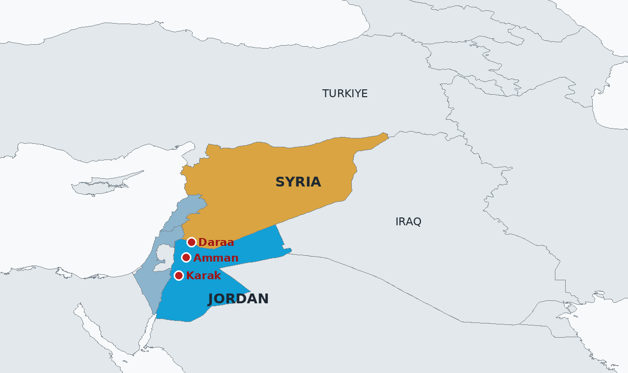 Jordan in blue and Syria in amber, with Daraa, where the strikes fell, Amman and Karak, where Friday's funeral attack killed nine people, marked. Syria has closed the Nassib crossing on the road between the two capitals.