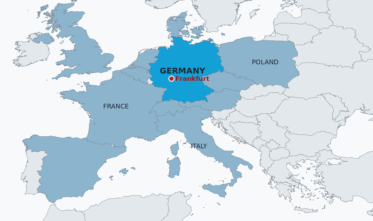 Germany in blue, with Frankfurt marked. The ECB's home city is where the succession will be managed from, even though the choice itself belongs to the European Council and the capitals behind it.