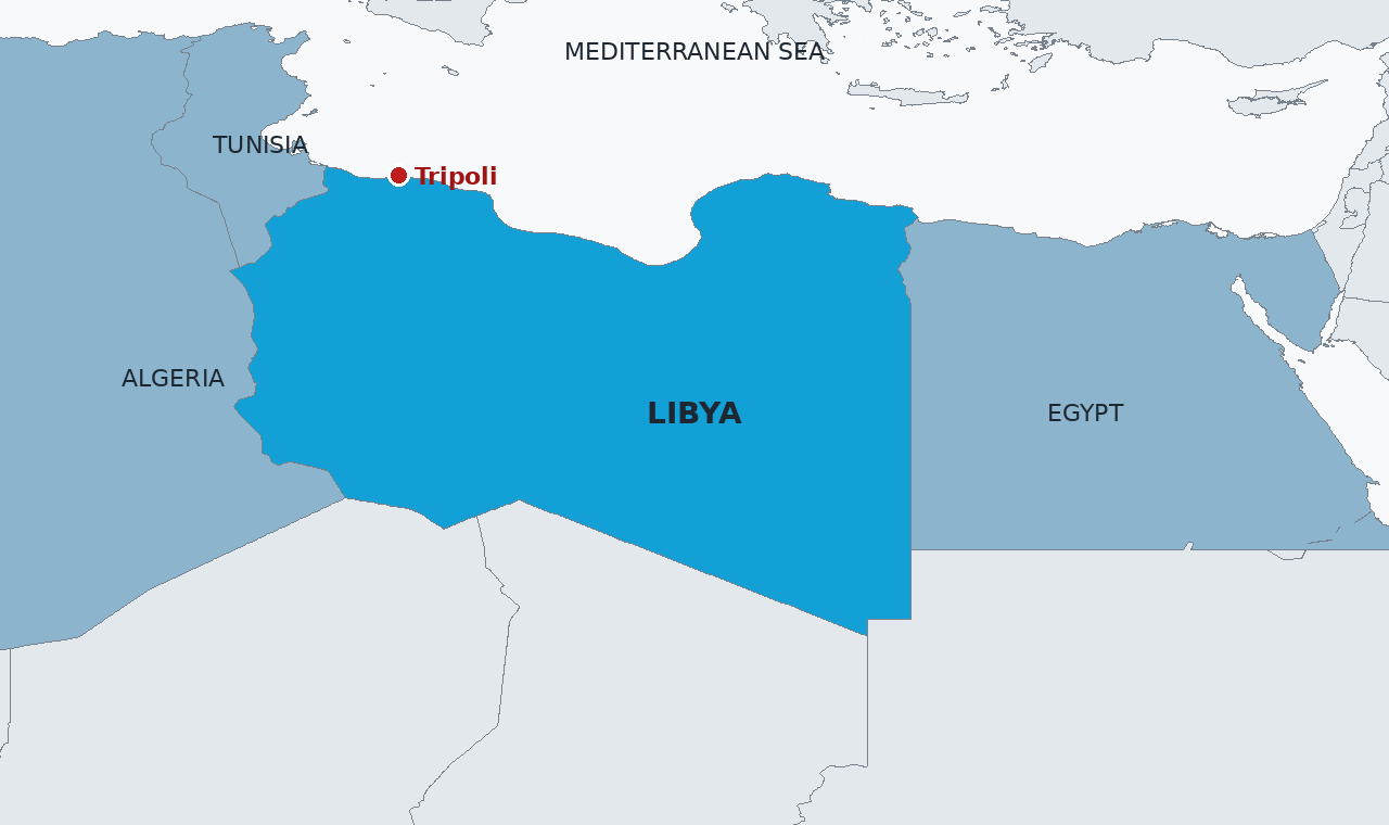 Libya in blue on the Mediterranean coast, with Tripoli marked. The foreign ministry there summoned the American charge d'affaires on Sunday.