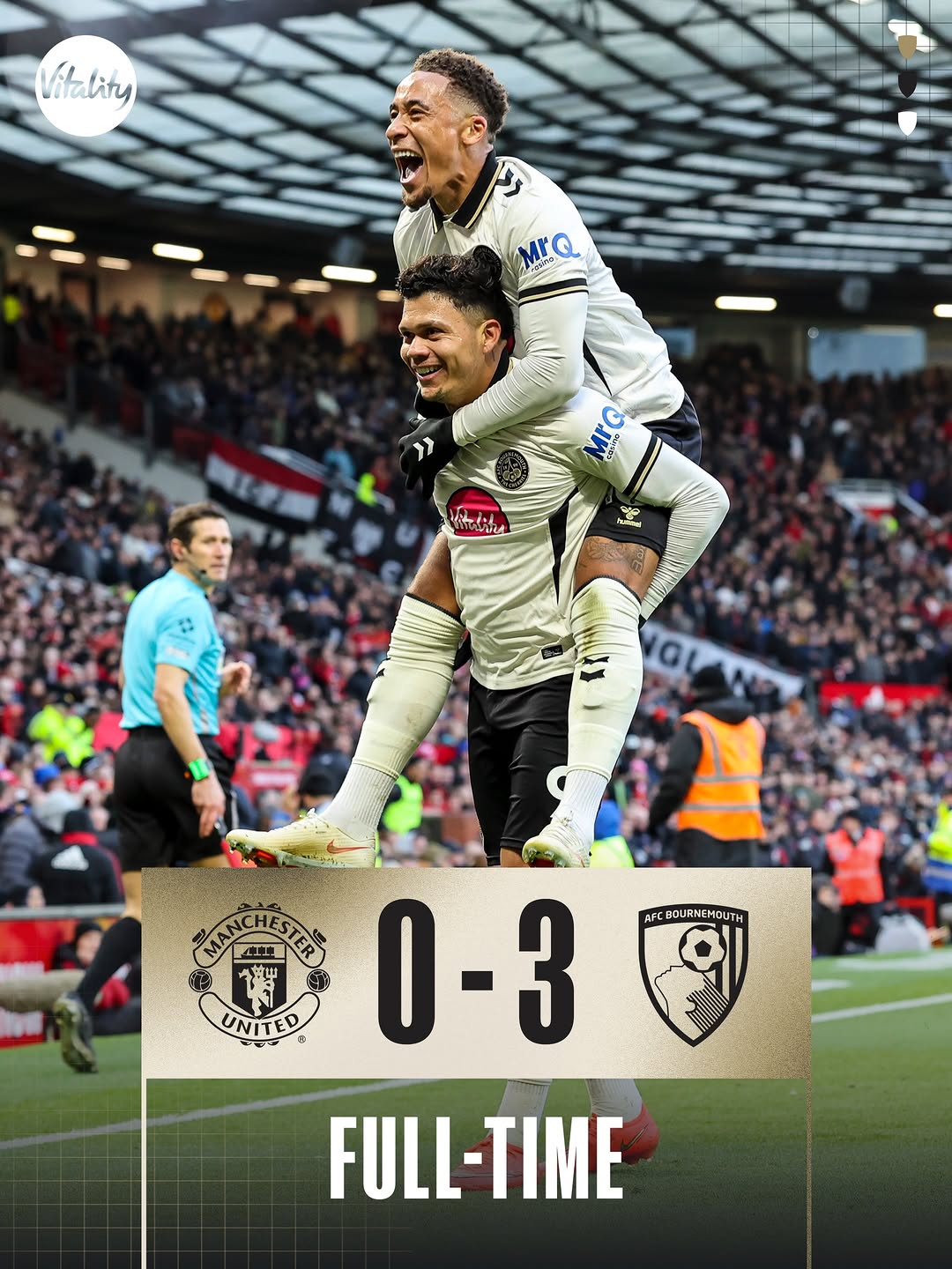 Bournemouth players celebrate at Old Trafford in the club's full time post: a 3-0 win, their third by that score at this ground in four seasons.