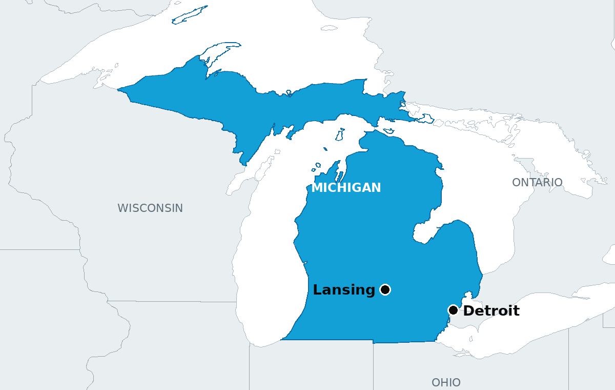 Michigan, highlighted, with Detroit, where the final debate was held on Wednesday, and Lansing, the state capital, marked.