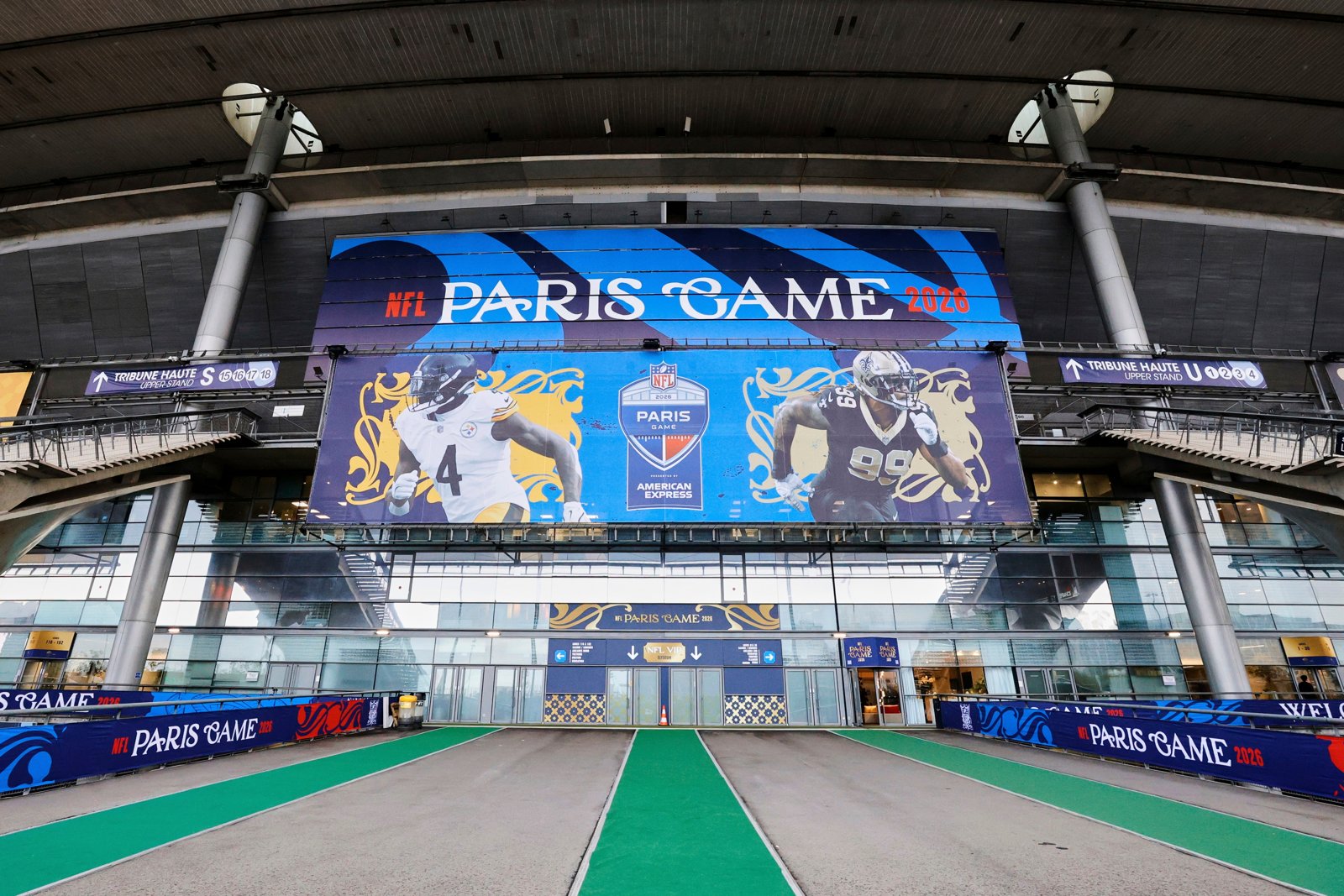 The Stade de France in Saint-Denis wrapped in NFL Paris Game 2026 branding for the Steelers against the Saints, photographed on October 22, 2026.