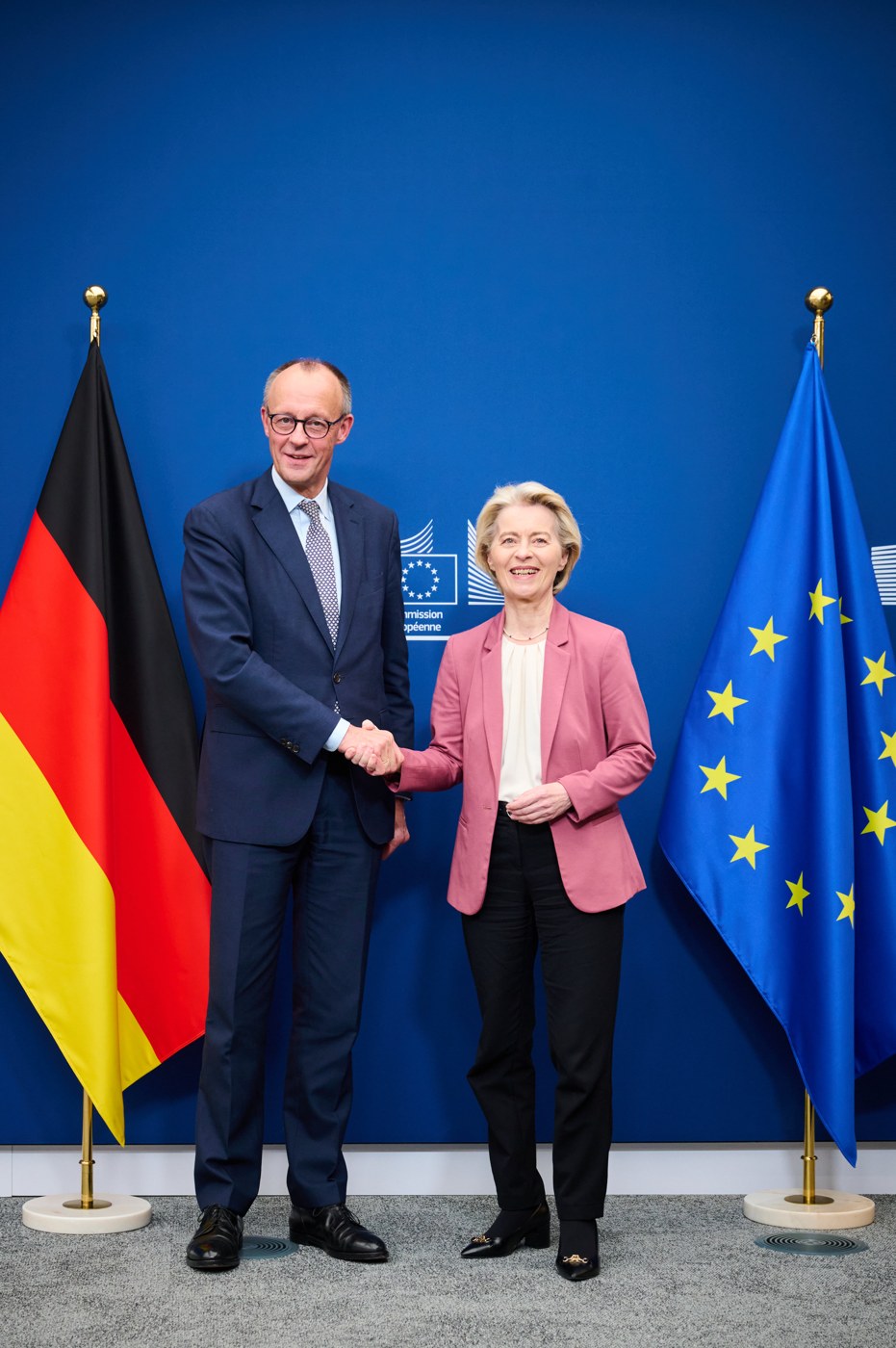 Chancellor Friedrich Merz of Germany, left, with European Commission President Ursula von der Leyen in Brussels in May 2025. Berlin says any restart of Nord Stream would need German approval, and that approval is not coming. File photo.