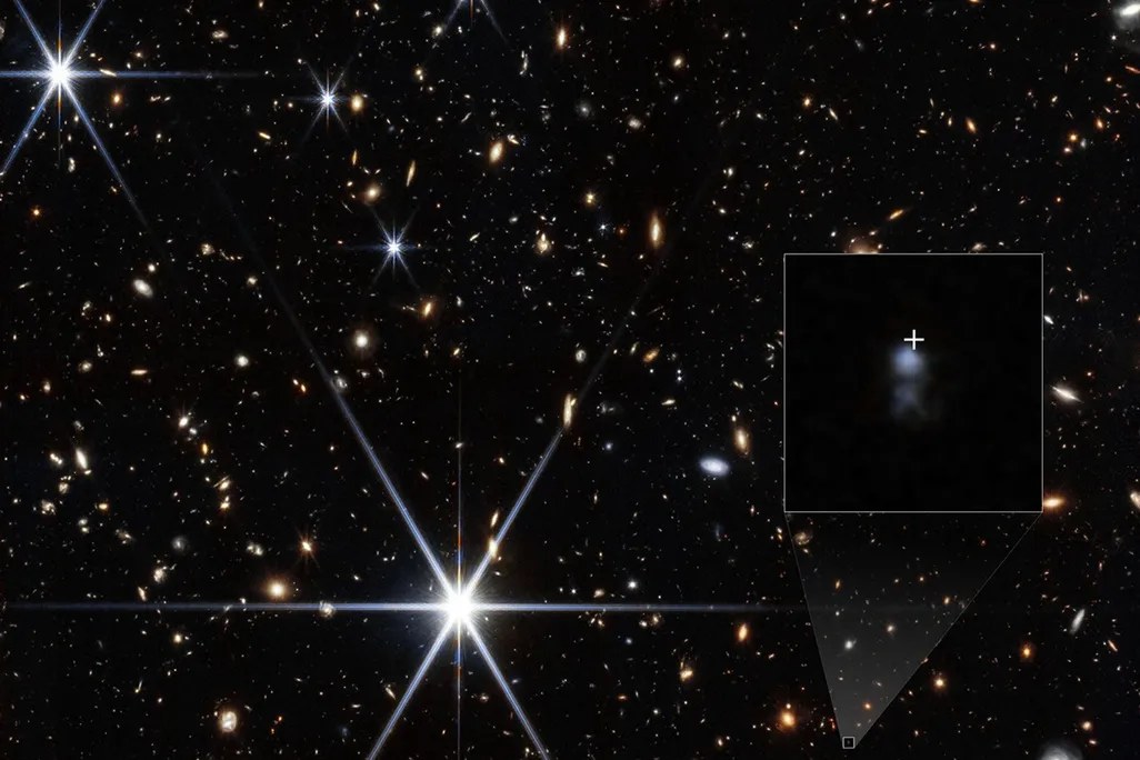 Webb's deep field, with the inset showing the faint dwarf galaxy that hosted FRB 20240304B, marked by the cross. Ground based telescopes looked at the same spot and saw nothing.