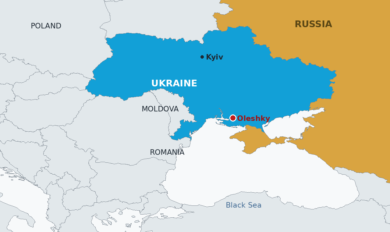 Ukraine in blue and Russia in amber, with Oleshky marked on the Dnipro in the south. Crimea is shown in amber as Russian controlled. The agreed pause covers Oleshky alone.