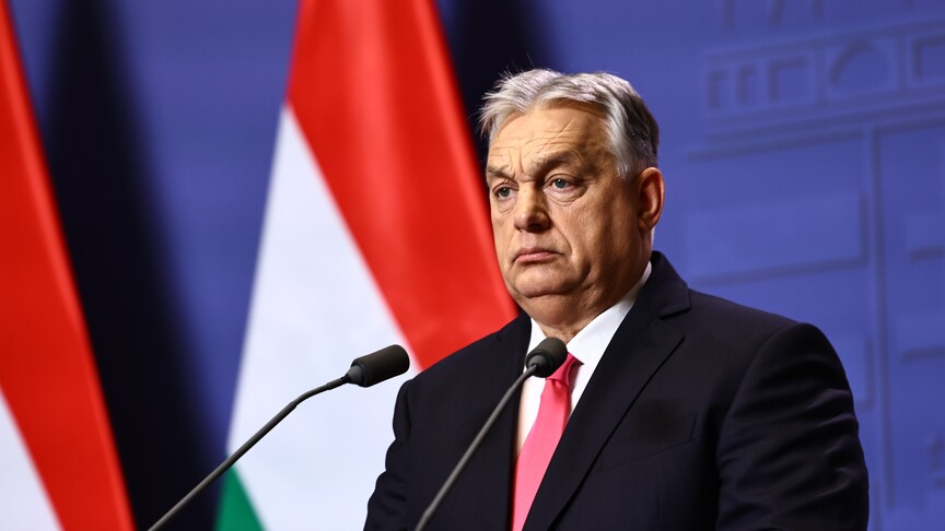 Viktor Orban at a press conference in front of Hungarian flags. The former prime minister lost power in April after 16 years in office and has declined to comment on the secretary-general reports.