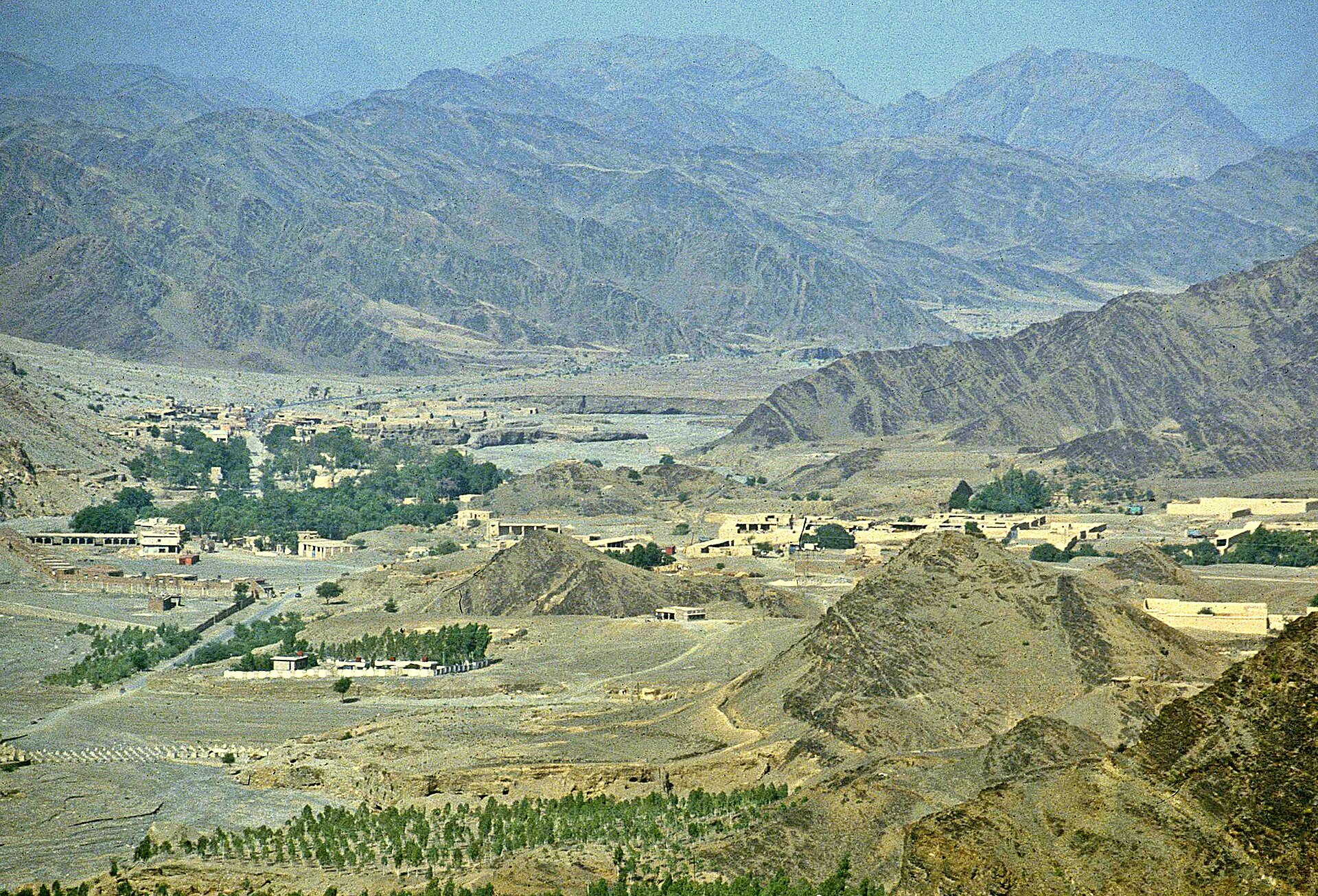The Khyber Pass border country between Pakistan and Afghanistan, the region where the Kurram exchange took place, in an archival view.