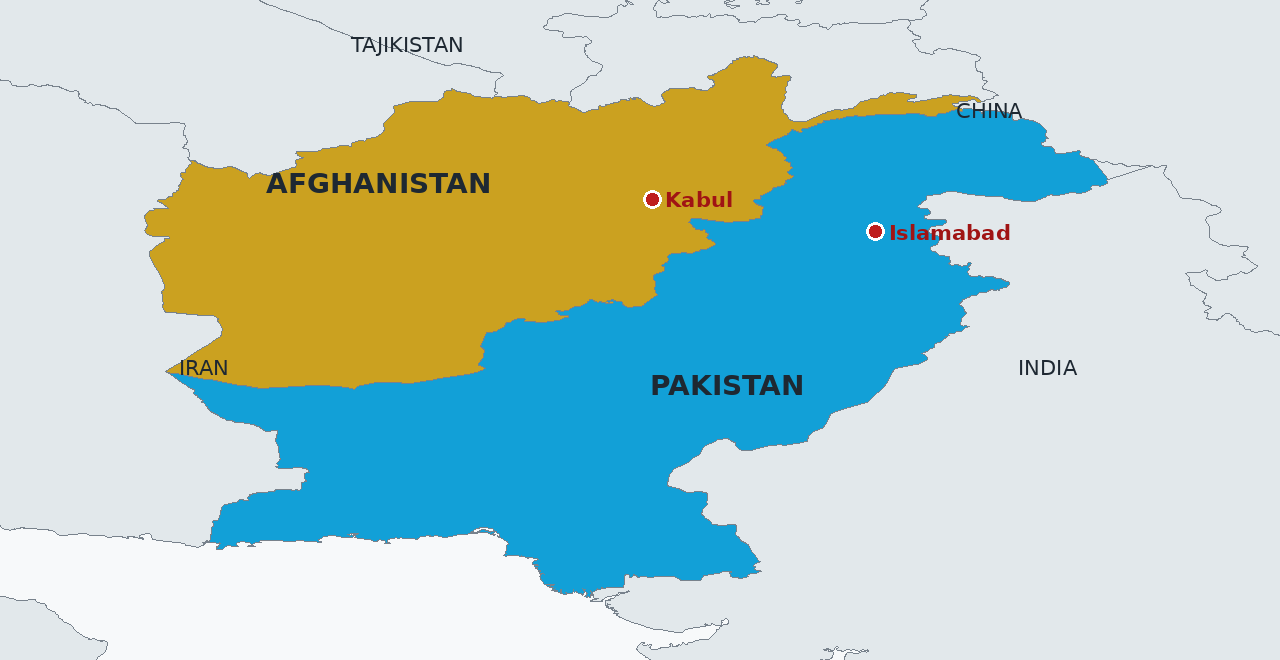 Pakistan in blue and Afghanistan in gold, with Kabul and Islamabad marked. The September strikes and counter claims ran along the frontier between the two capitals, a line drawn in 1893 that Kabul has never recognised.