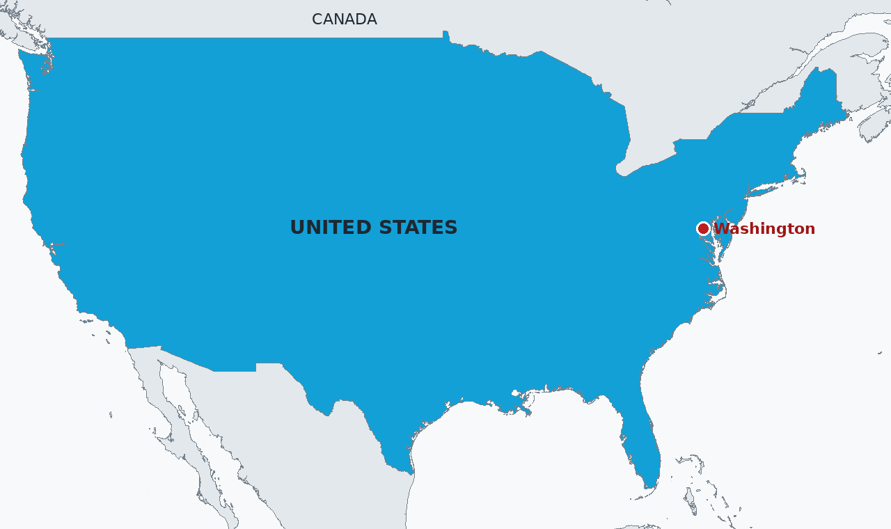 The United States in blue, with Washington marked. The institutes designated as a threat sit on American campuses, and the funding put at risk by the listing is federal.