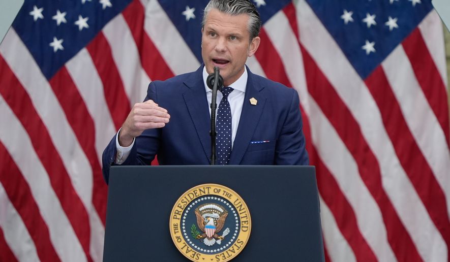 Pete Hegseth, the defence secretary, at a Pentagon podium, in the Associated Press photograph carried with the report. File photo.