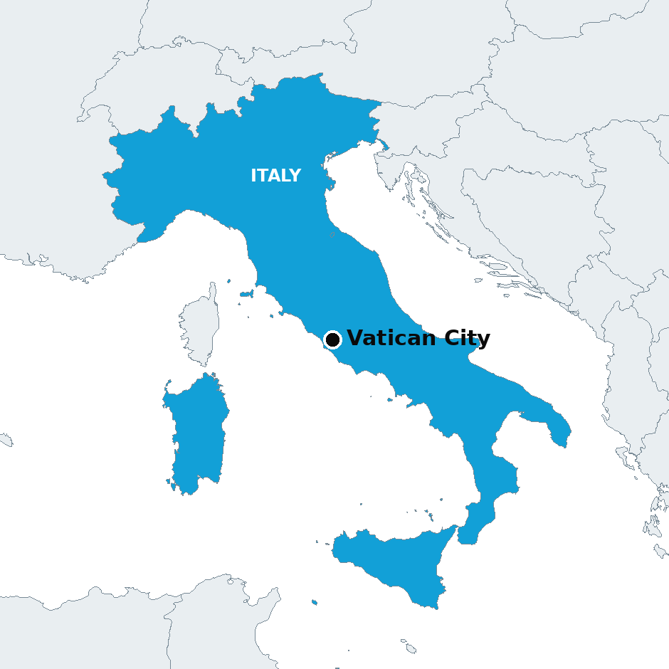 Italy, highlighted, with Vatican City marked, where the Holy See announced that Pope Leo needs no further treatment.