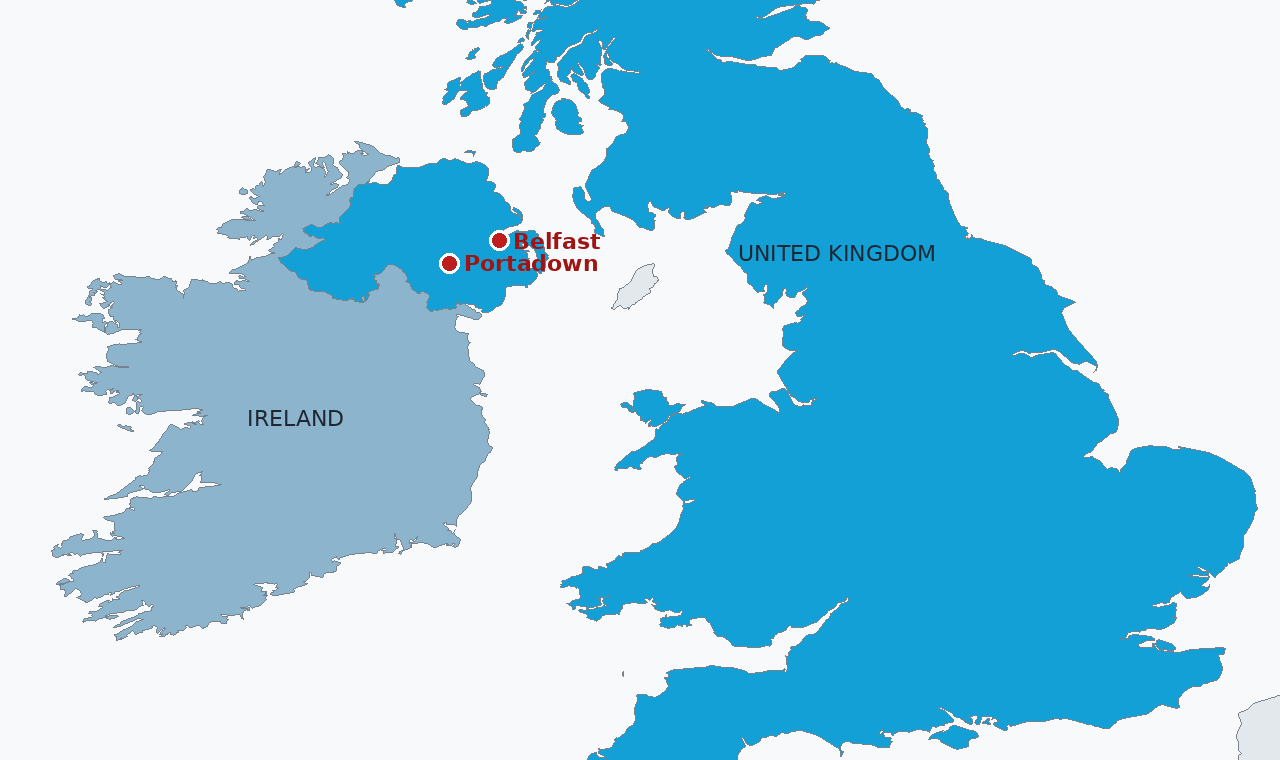 The United Kingdom in blue, with Portadown and Belfast marked in Northern Ireland, and Ireland in steel grey. The Garvaghy Road dispute is a local route with a national history.