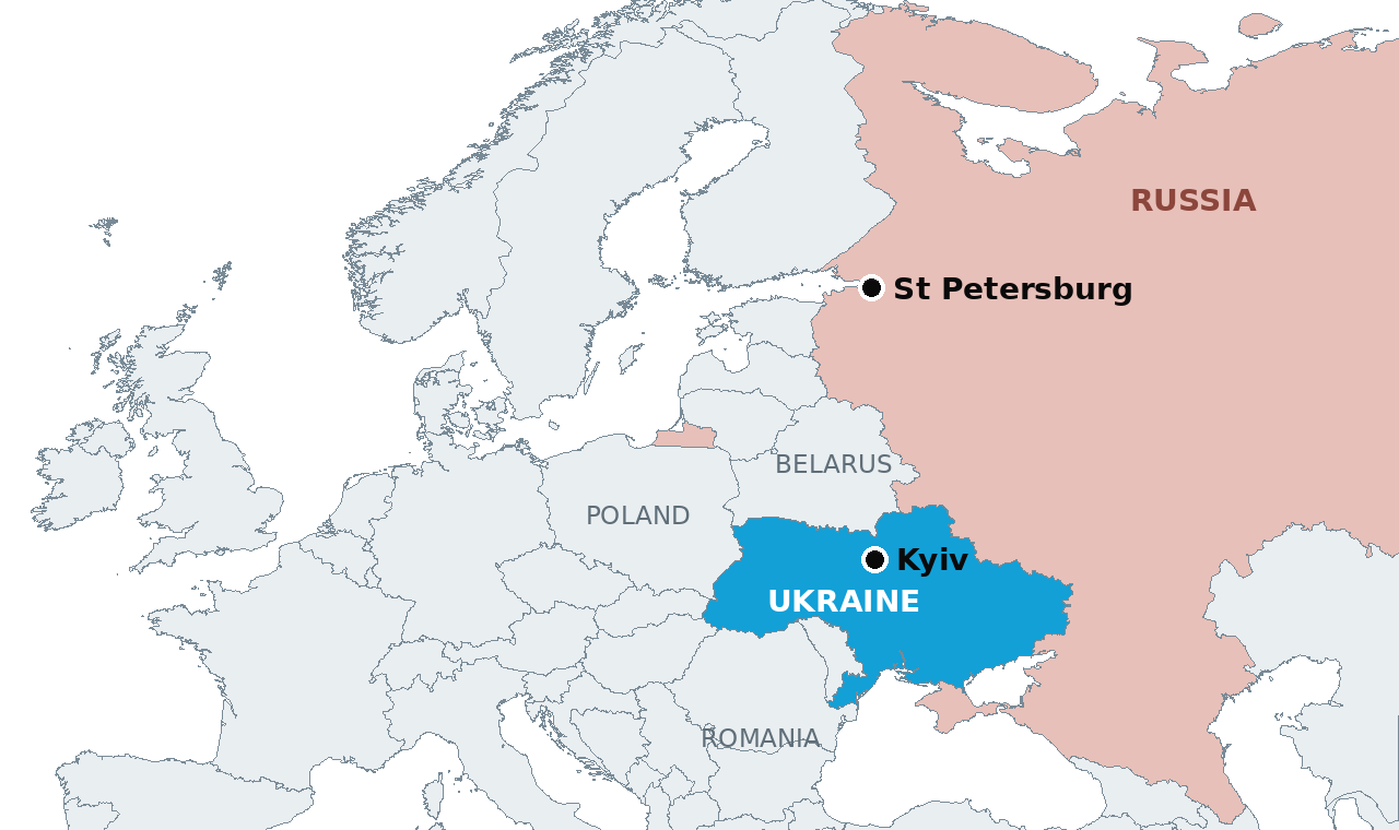 Ukraine, highlighted, with Kyiv marked, and Russia in pale red, with St Petersburg marked, where envoy Steve Witkoff met Vladimir Putin on Wednesday. Crimea is shown in Russia's colour as Russian controlled territory.