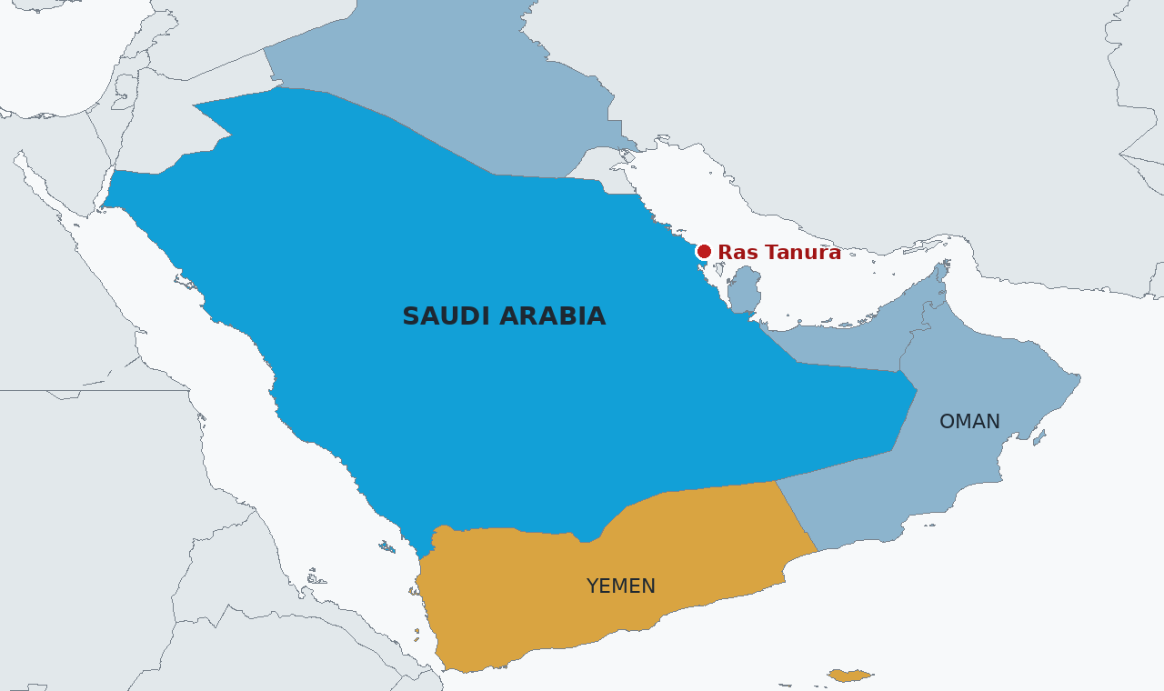 Saudi Arabia in blue and Yemen, where the Houthis are based, in amber, with Ras Tanura marked on the Gulf coast. Oman is in steel grey.
