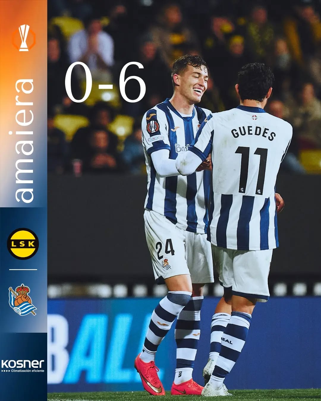 Luka Sucic, scorer of two, celebrates with Goncalo Guedes during the 6-0 win at Lillestrom. The club's full time graphic frames the official post.