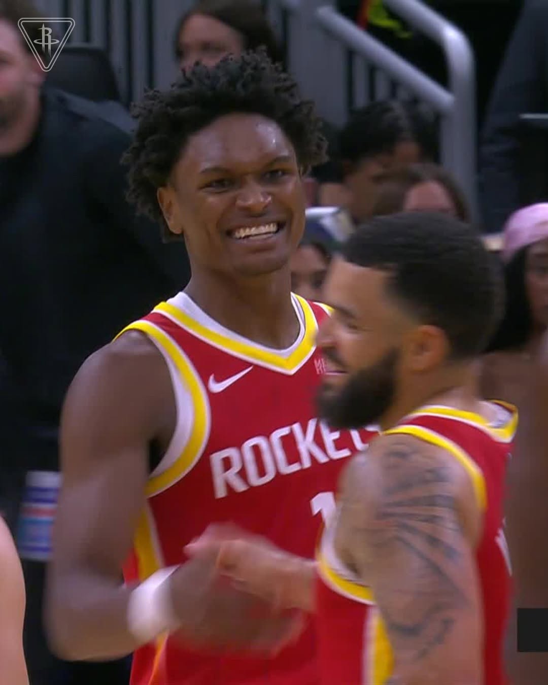 Amen Thompson celebrates during Houston's win in Milwaukee. Thompson scored 23 points as the Rockets opened 5-0 for the first time since 2014-15.