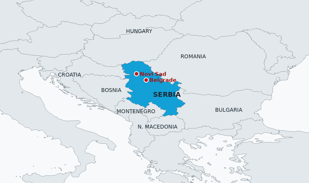 Serbia in blue, with Belgrade and Novi Sad marked. The movement began in Novi Sad in the north after the station canopy collapse in November 2024 and marched on the capital for its final rally.