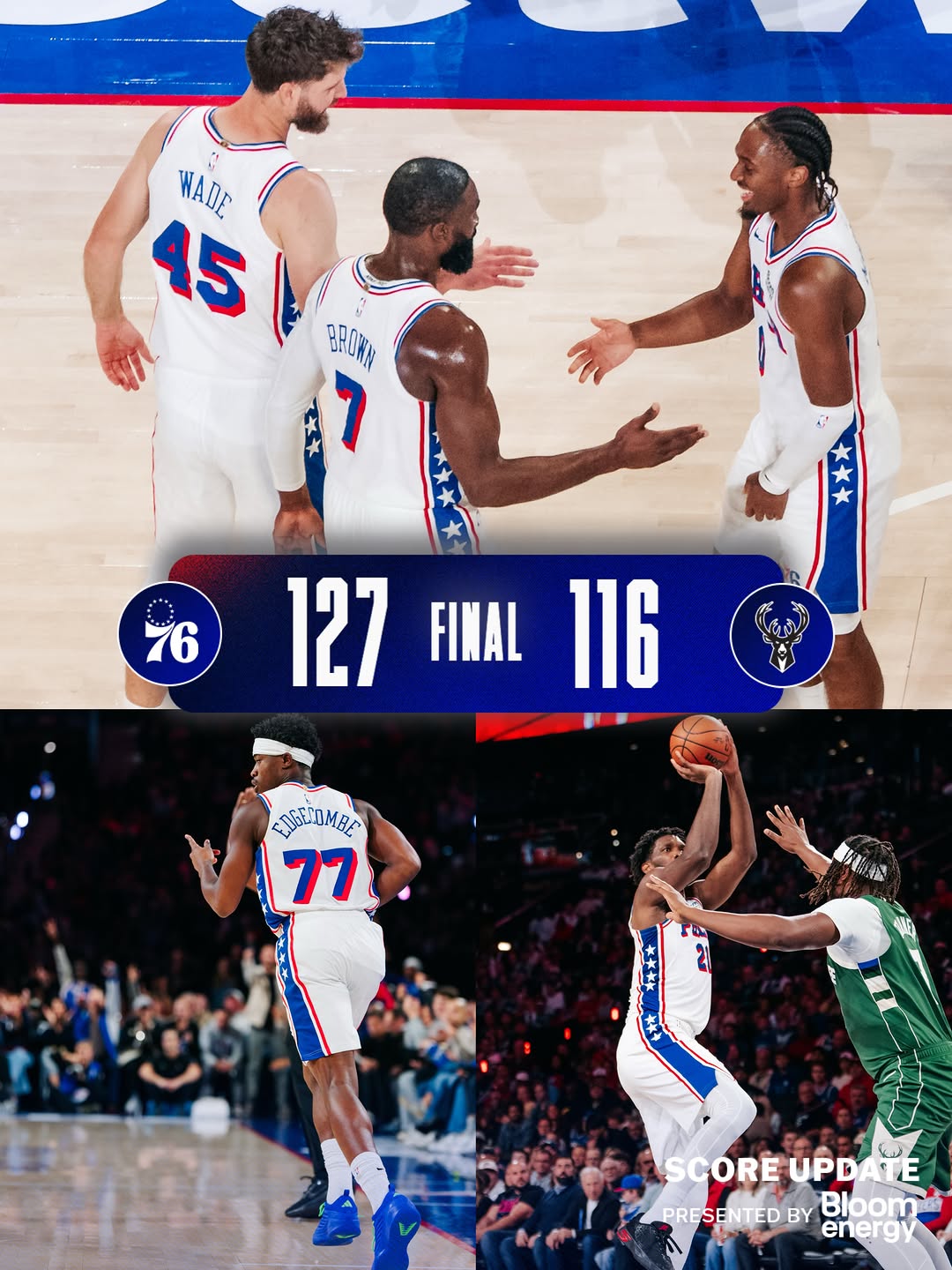 Philadelphia players celebrate the 127-116 final score against Milwaukee, with VJ Edgecombe, below left, and Joel Embiid, below right, among the night's leading performers.